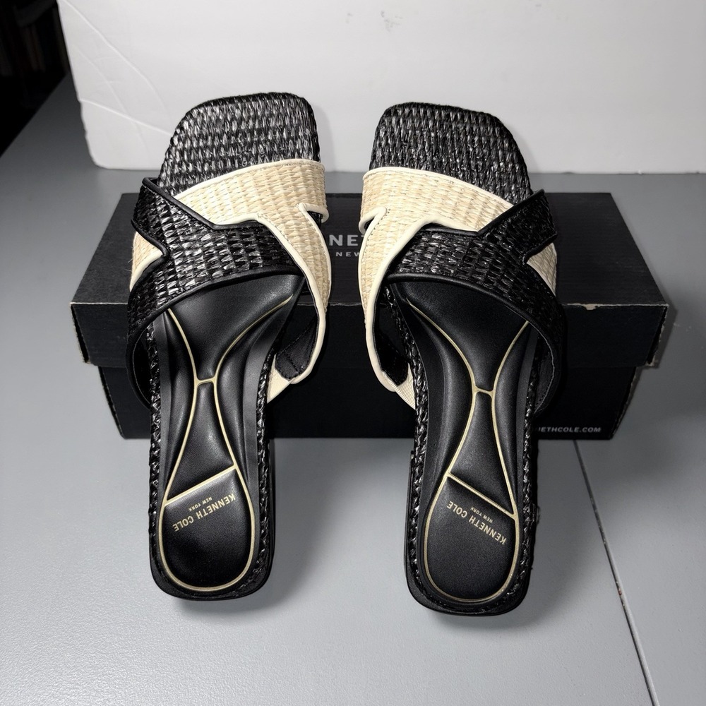 Kenneth Cole Issa Raffia Two Tone Black Natural Slides Sandals Women's 8M NEW‎